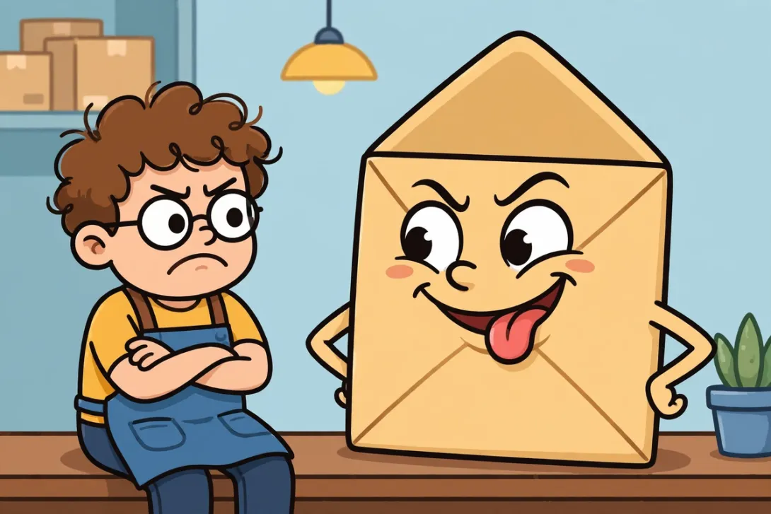 Cartoon illustration of a small business owner frowning at an official-looking envelope that is revealed to be junk mail.