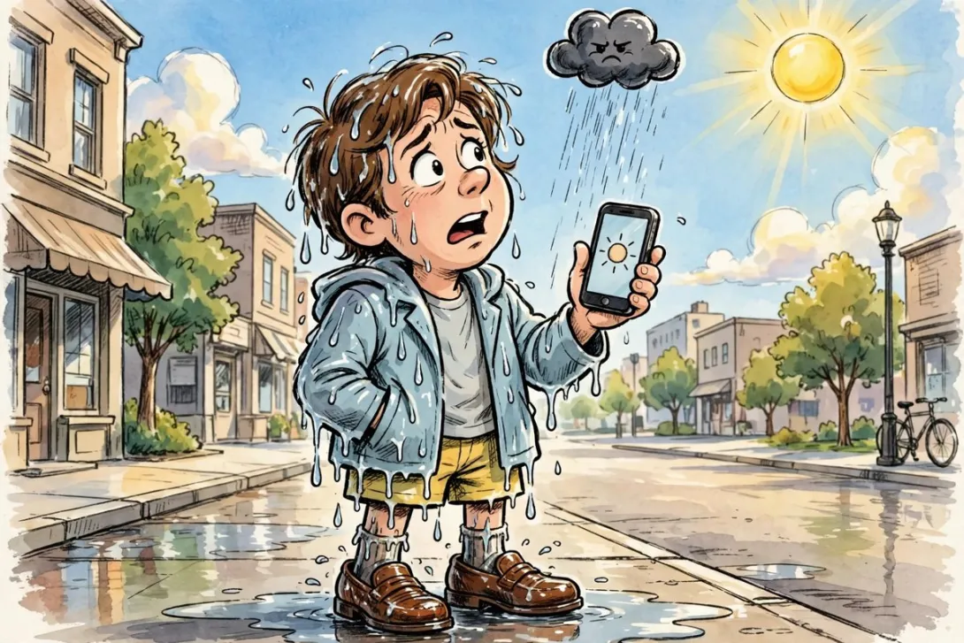 Cartoon illustration of a soaked person standing under a single small rain cloud on a sunny street, holding a phone showing a sun icon.
